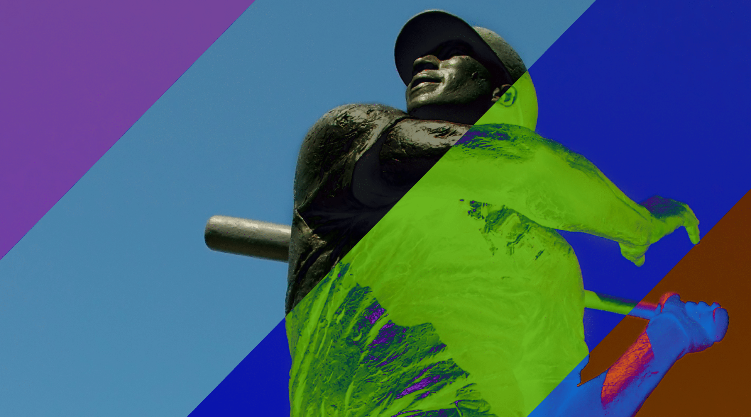 Statue of a baseball player overlaid with a multicolored, semi-transparent geometric pattern, designed to guarantee customer happiness.