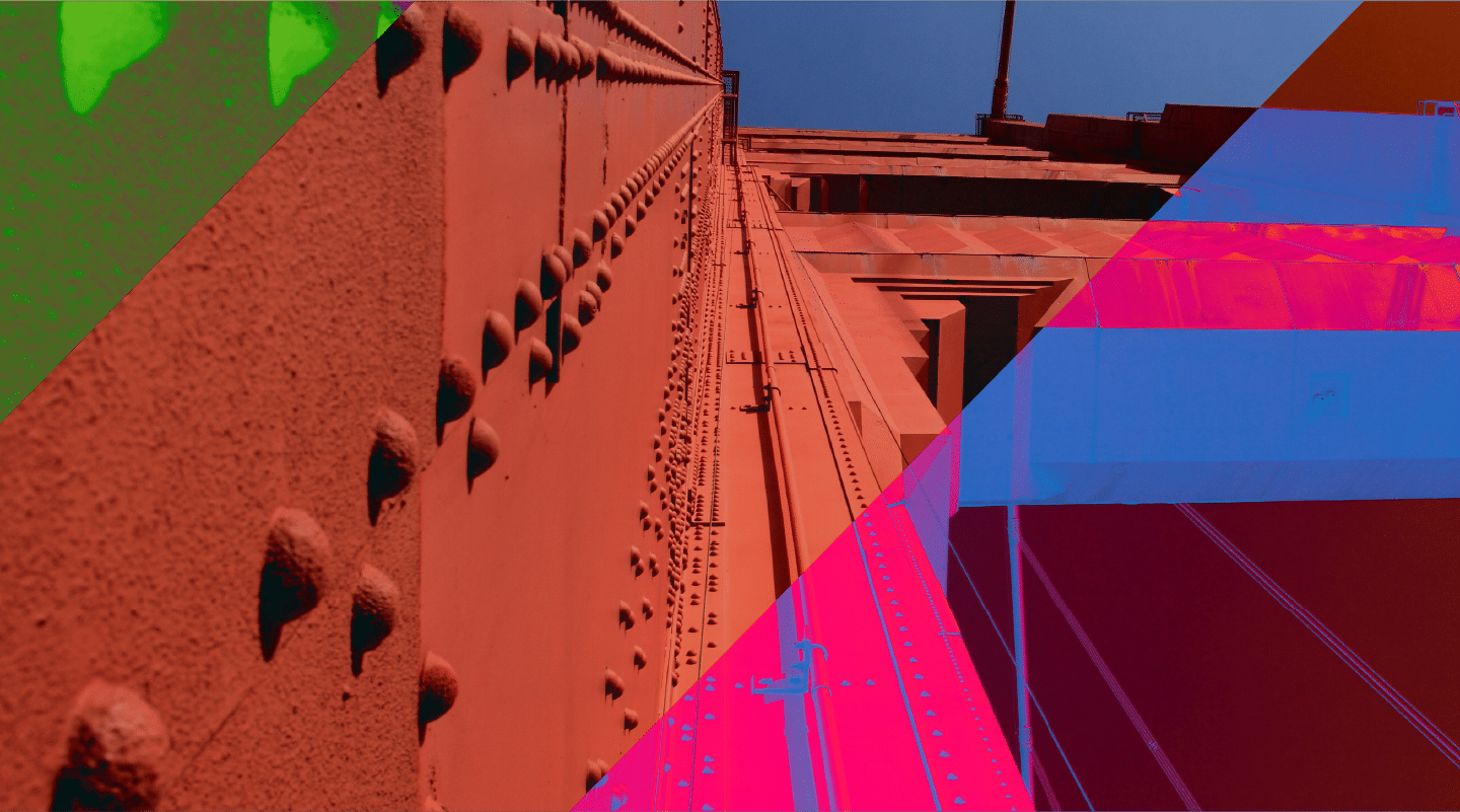 Abstract digital art overlay on an image of a riveted Xterra bridge structure.