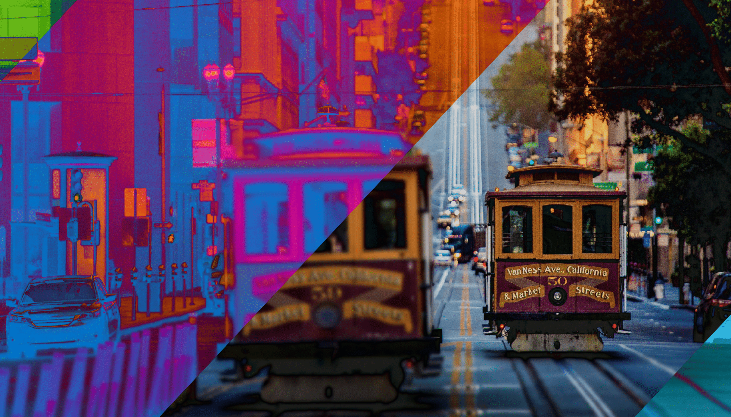 A split-composite image of a cable car on a city street with a color-filtered depiction on the left and a Managed IT Services-themed, natural-toned view on the right.