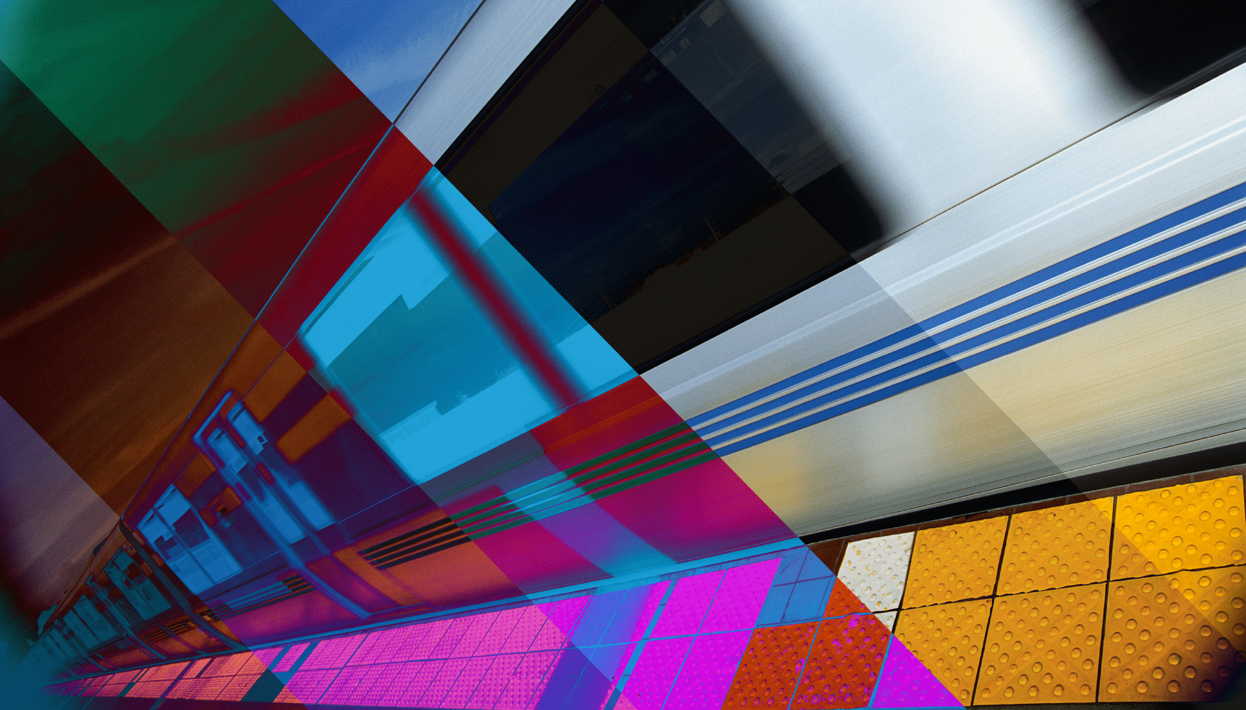 Abstract composite image of urban architectural elements with vibrant colors and geometric patterns.
